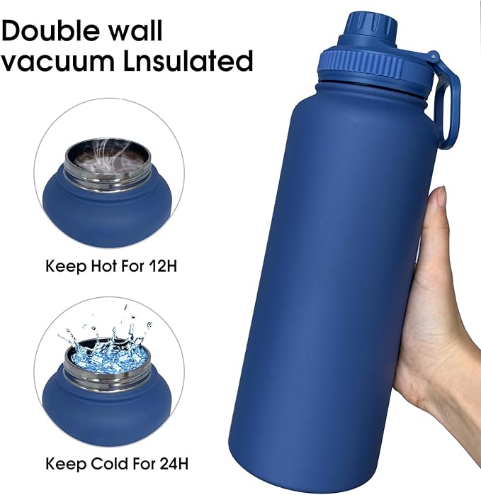 40oz Insulated Water Bottle ，Stainless Steel Sports Water Cup Flask with 2 Lids, Wide Mouth Travel Thermal Mug,Outdoor Sports Bottle（Dark Blue）