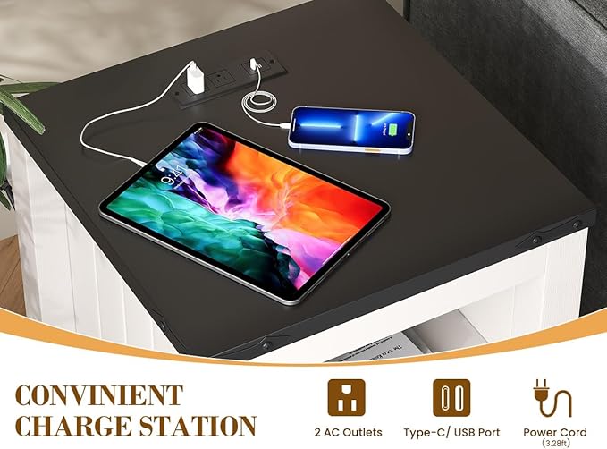 Apicizon End Table Set of 2, Farmhouse End Tables with Charging Station, Nightstand with Drawers and Storage Cabinet, Small Coffee Table for Small Spaces, Sofa Side Table for Living Room, Bedroom