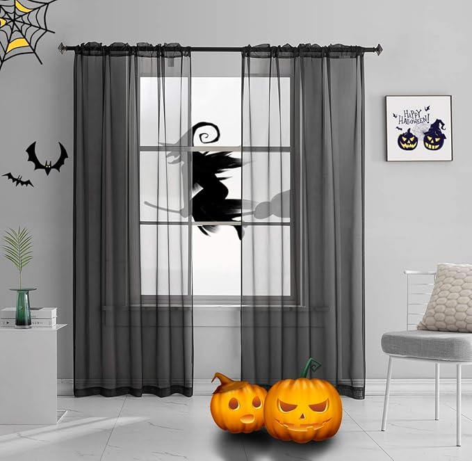 Black Sheer Curtains 95 Inches long 2 Panels Rod Pocket Ture Black Curtain for Bedroom Living Room 52x95 Inch Length