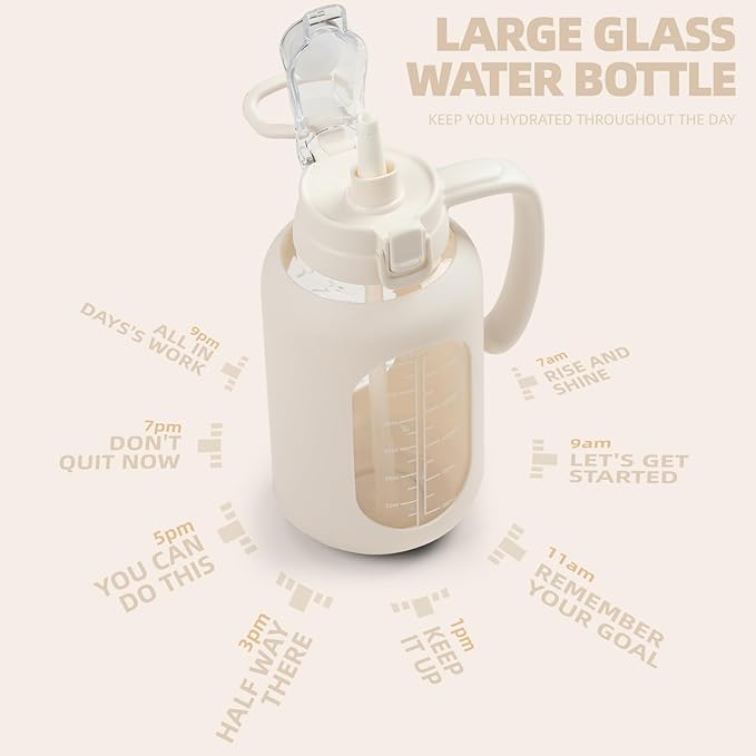 64 oz Glass Water Bolttles Half Gallon Large Motivational Water Bottle with Time Marker Sports Water Bottles with Silicone Sleeve and Handle Lid Water Jug for Gym Workout-1 Pack