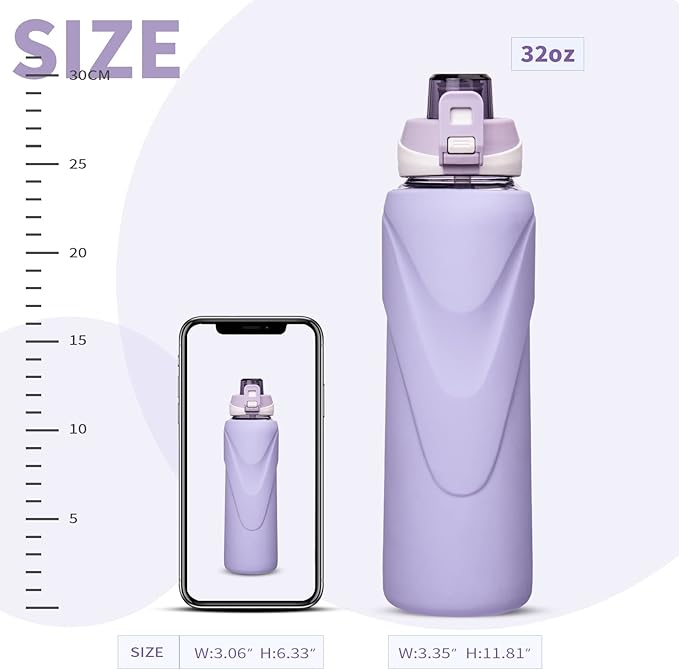 32 oz Sports Glass Water Bottle with Straw & Silicone Sleeve Reusable BPA-free Borosilicate Glass Drinking Bottle with Flip Top Lid & Handle Wide Mouth (Light Violet)