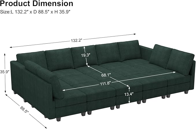 Belffin Large 15 Seat Modular Sectional Sofa with Storage Seat Corduroy Sleeper Sectional Sofa Bed Oversized Convertible Modular Couch for Living Room Green