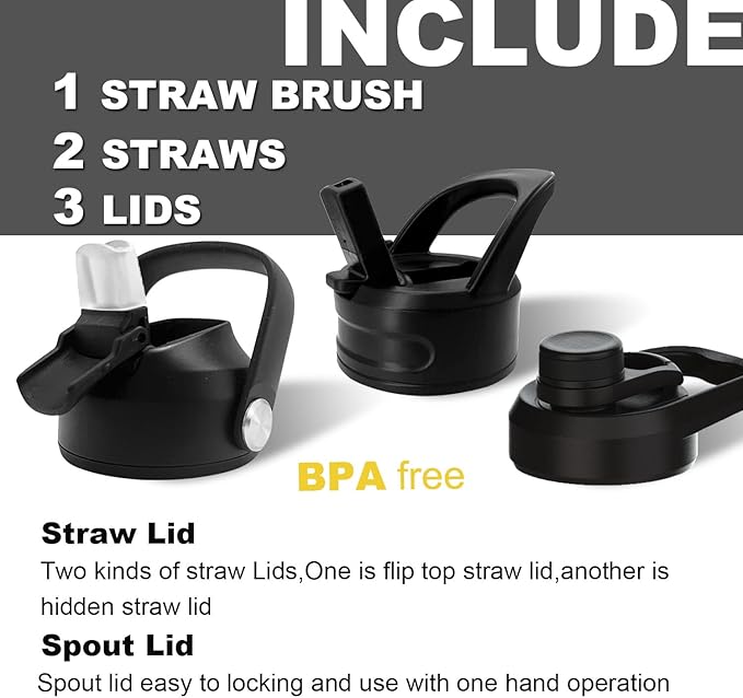 blue 32 oz insulated water bottle with straw stainless steel water bottle,double wall,leak proof water bottles with 3 lids,travel,gym mens water bottle(Ocean Blue, 32oz)