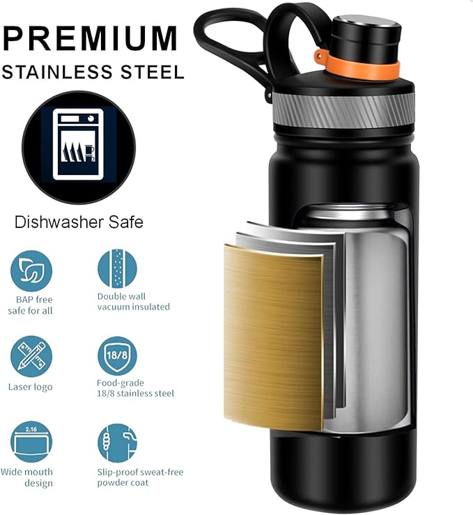 24 oz Double Wall Vacuum Insulated Stainless Steel Water Bottle with Spout Lid BPA Free (BLACK, 24 OZ)