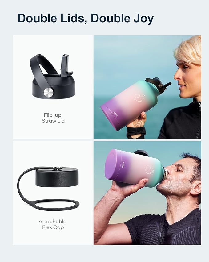 BUZIO 64oz Insulated Water Bottle Stainless Steel Double Wall Leak Proof Half Gallon with Straw Lid and Flex Cap (Cold for 48 Hrs) Sports Flask Metal Travel Mug for Hiking Cycling, Hydrangea