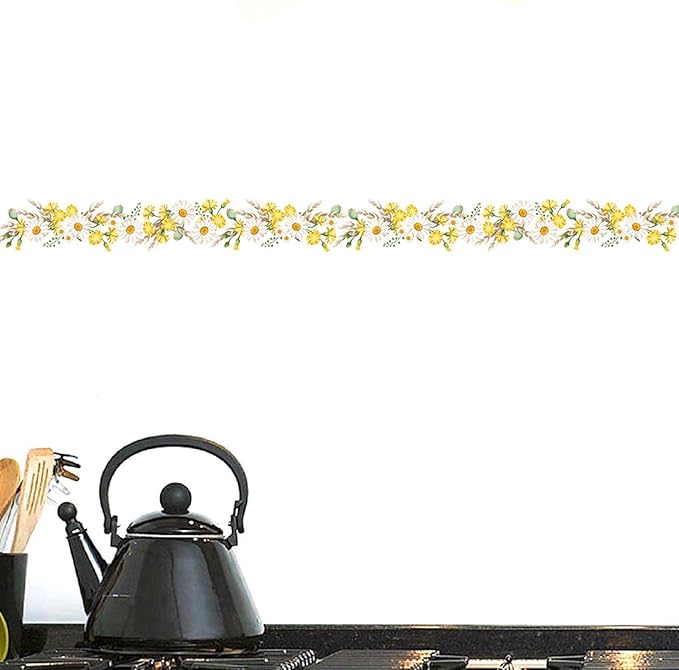 BIBITIME Yellow White Daisy Flower Wasit Skirting Line Sticker Nature Plants Theme Bedroom Wall Decal Kitchen Bathroom Tile Glass Window Decor