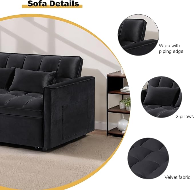 3 in 1 Sleeper Sofa Bed, Futon Sofa Bed for Living Room with Side Pocket, Black Sleepers Sofas Couch with Pullout Beds, Convertible Love Seat Sleepers Couch for Living Room, Bedroom,
