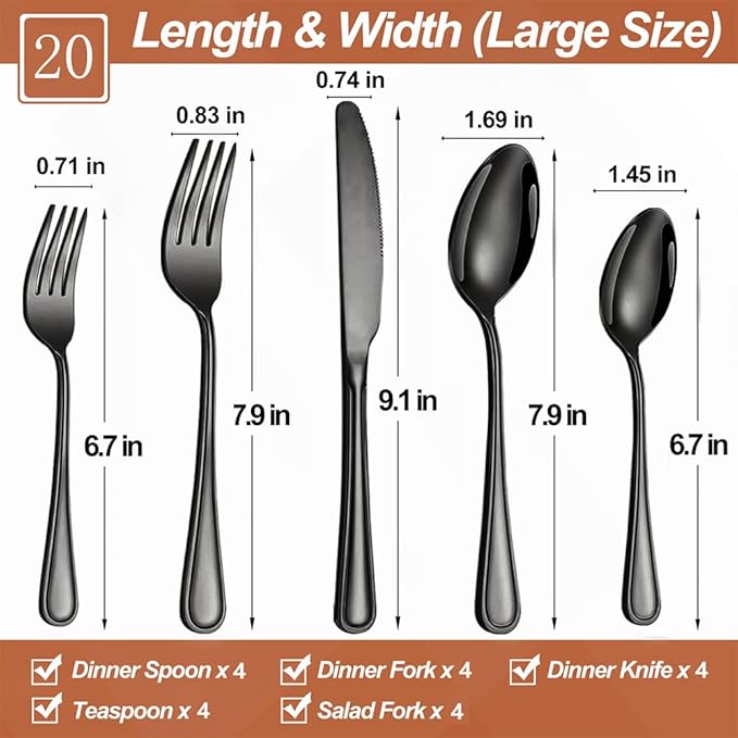 20 Pcs Black Silverware Set for 4 with Simple Striped Handle Design, Food Grade Stainless Steel Flatware Set, Eating Utensils Sets Include Fork/Knife/Spoon, Cutlery Set, Dishwasher Safe