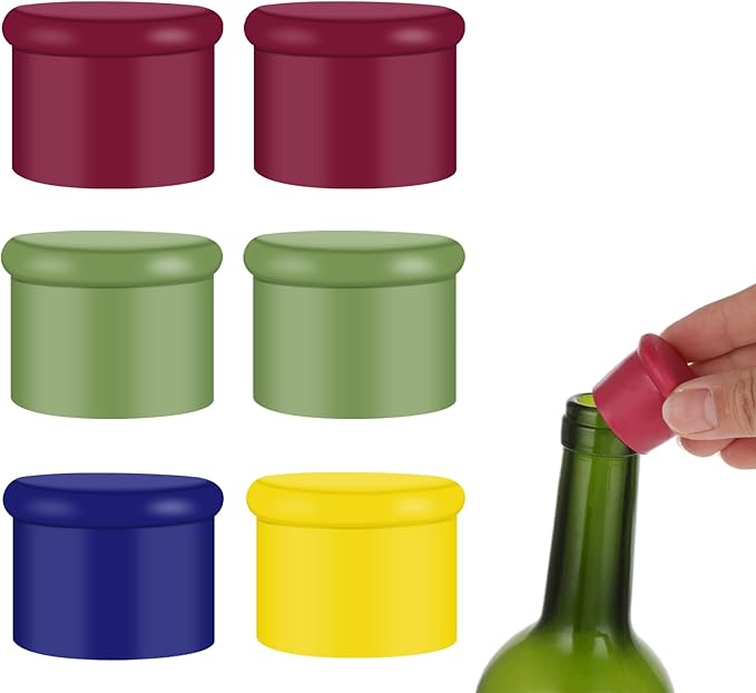 6PCS Wine Stoppers Reusable Silicone Wine Bottle Stopper Corks - Airtight Seal to Keep Fresh for Beverages, Beer, Champagne, Wine (Rose Red, Blue, Green, Yellow)