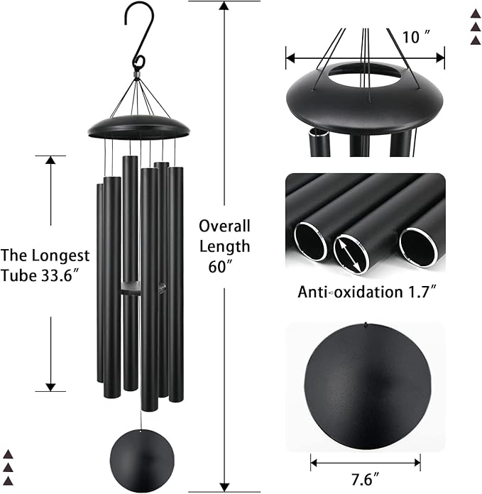ASTARIN 60" Extra Large Wind Chimes Outside Metal WindChimes with Deep Tone, Outdoor Bass Windchimes for Patio Balcony Garden Yard Decoration,Black