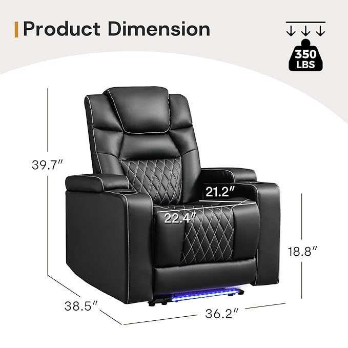 ANJ Power Recliner Chair with USB Port, Electric PU Leather Home Theater Seating for Living Room, Movie Reclining Chairs with Blue Ambient Lighting, Hidden Arm Storage, Cup Holders (Black)