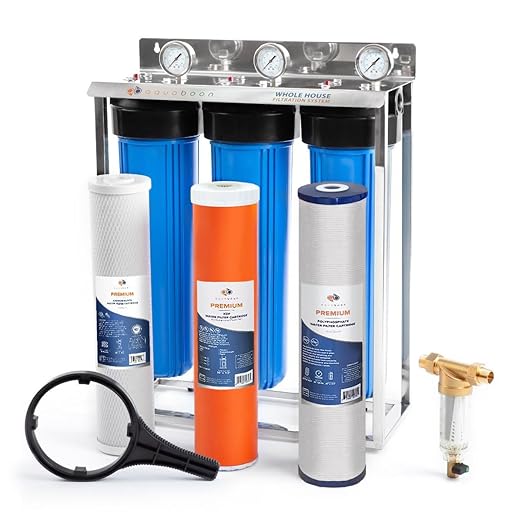 Aquaboon 3 Stage Whole House Water Filter System - w/Premium Polyphosphate & KDF Filters & CTO 5 Micron Water Filter 20" x 4.5" - w/Wrench, Steal Bracket & Pressure Gauges & Release Buttons (1" Port)