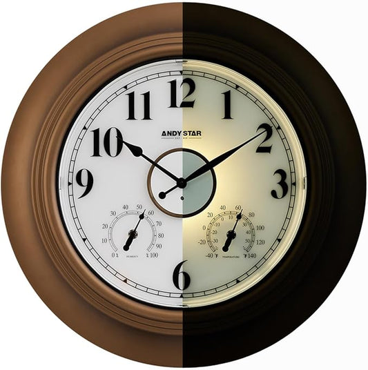 Andy Star 21 Inch Large Luminous Outdoor Wall Clock Waterproof with Temperature, Vintage Round Wall Clocks Battery, Oversized Pool Clock for Garden Patio Rustic Bronze Finish Silent Non Ticking Clock