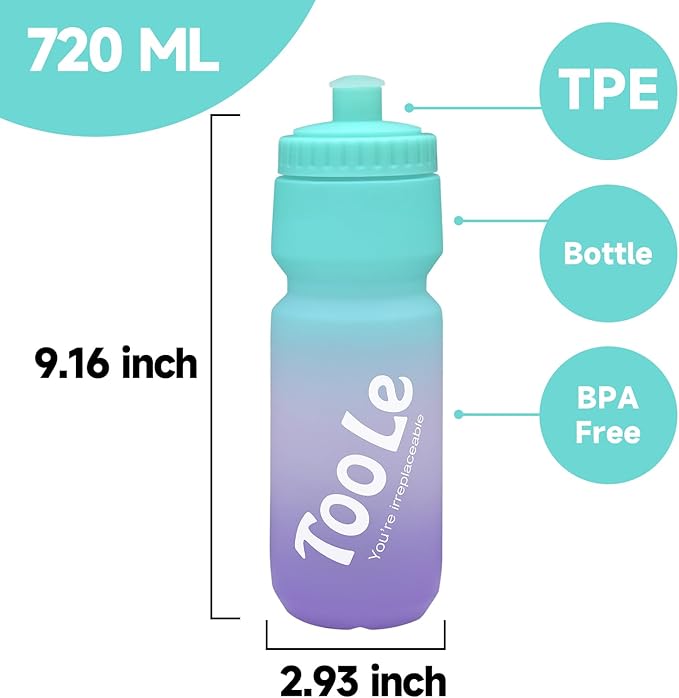 Bike Squeeze Water Bottle w/Pull Top Lid, Leakproof, BPA Free, Easy Squeeze Reusable Water Bottles for Fitness, Cycling, Running, Hiking, School, Fresh Color 24 Oz (1 Pack)