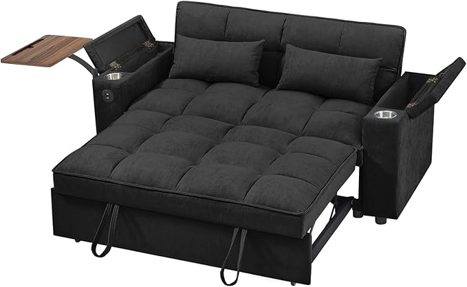 65'' 3-in-1 Folding Convertible Sofa Bed, Pullout Sofa, Modern Chenille Fabric, 360° Swivel Side Table, Easy Assembly, Perfect for Living Room, Black