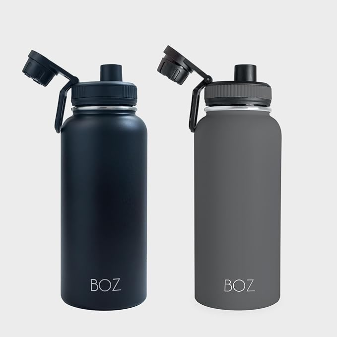 BOZ Stainless Steel Water Bottles 2 Pack Bundle - Grey Water Bottle + Black Water Bottle - Vaccum Insulated Water Bottles 32 Oz - Wide Mouth BPA Free Sport Water Bottles for Gym with Spout Lid