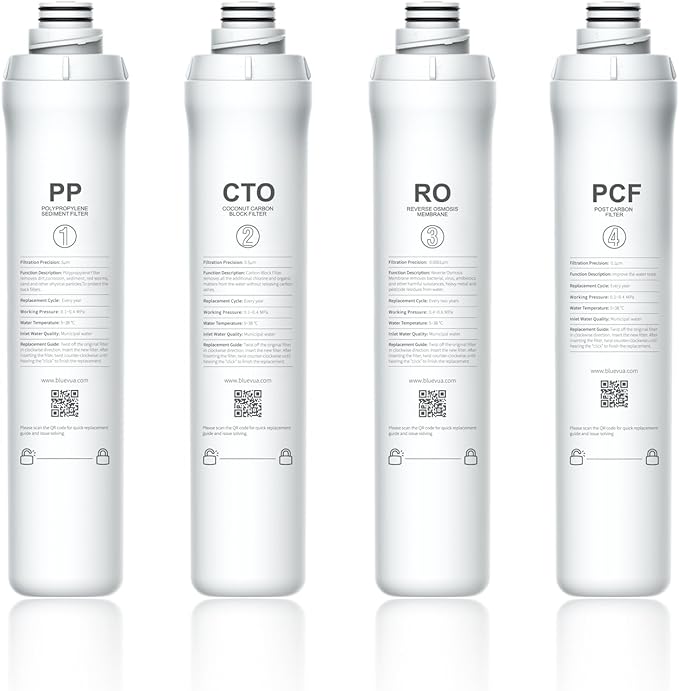 Bluevua RO100ROPOT 4-Pack Replacement Filter Set, Pack of 1 PP Filter and 1 CTO Filter and 1 RO Filter and 1 PCF Filter