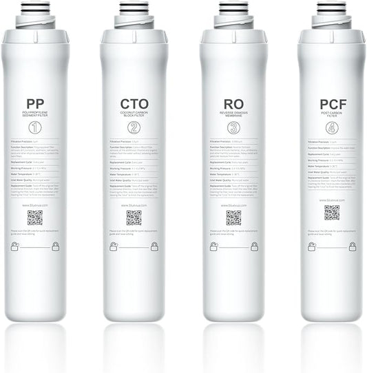 Bluevua RO100ROPOT 4-Pack Replacement Filter Set, Pack of 1 PP Filter and 1 CTO Filter and 1 RO Filter and 1 PCF Filter