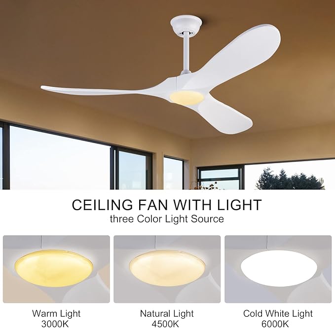 BOJUE Ceiling Fan with Lights 52 Inch Indoor Outdoor Ceiling Fan 3 Wooden Blades Remote Control with Light Modern Ceiling Fan for Terrace Living Room Bedroom (White Blades)