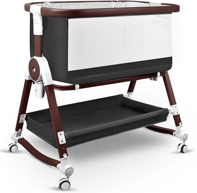 4 in 1 Baby Bassinet, Bassinets Bedside Sleeper with Wheels and Storage Basket, Adjustable 7 Heights Bedside Sleeper with Mosquito Net, Breathable Mesh Rocking Bassinet for Baby