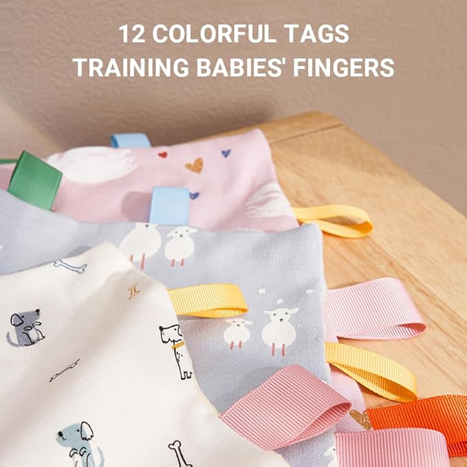 Baby Tags Security Blanket, Sensory Soothing Blanket with Tags,Dotted Backing Taggies Blanket for 3-12 Months Boys and Girls. (Duck)