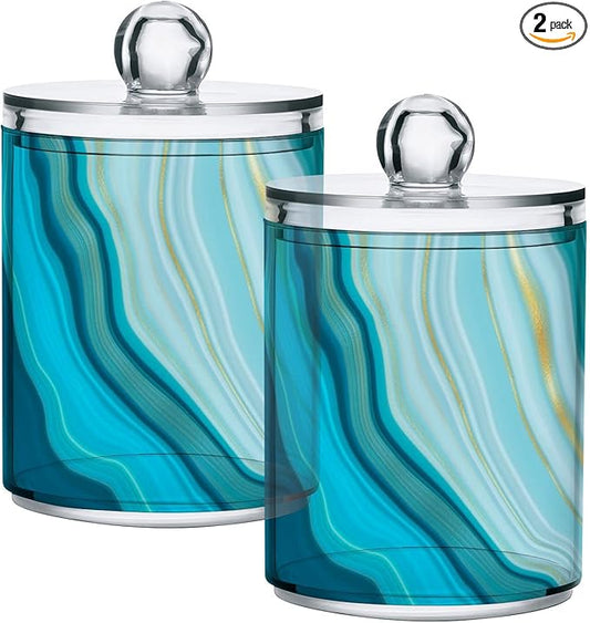 2 Pack Qtip Holder Dispenser Teal Turquoise Blue Marble Bathroom Storage Canister Lid Acrylic Plastic Apothecary Jar Set Vanity Makeup Organizer for Cotton Swab/Ball/Round Pads, Floss