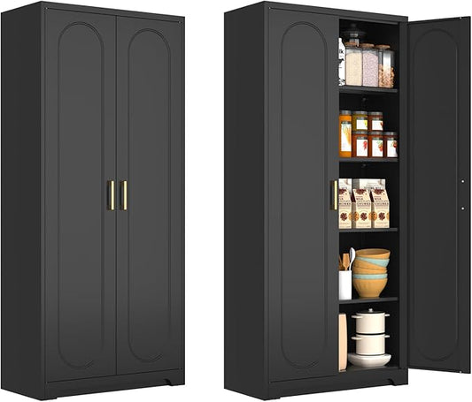 71" Tall Kitchen Pantry Cabinet, Pantry Storage Cabinet with Doors and Shelves, Metal Food Pantry Cabinets with Handles, Black Freestanding Cupboard for Living&Dining Room-Assemble Required