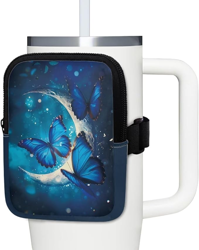 Butterfly Moon Stanley Cup Pouch with Adjustable Strap Water Bottle Storage Bag 20oz-40oz IceFlow Tumbler Pouch for Stanley Accessories