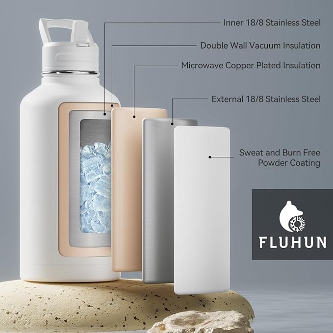 64 oz Insulated Water Bottle with Straw and Handle, Double Walled Vaccum Stainless Steel Half Gallon Water Bottle for Women, 3 Lids, Metal Canteen, Protective Sleeve, Gym & Outdoors Water Jug