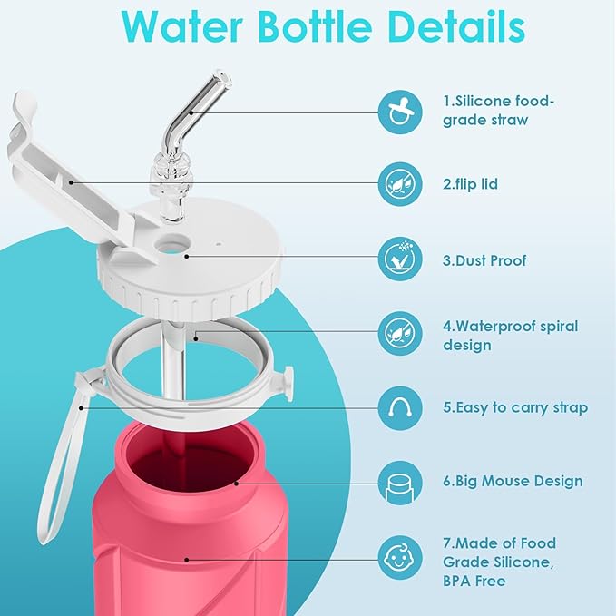 4 pack Collapsible Water Bottles Reusable Leakproof Silicone Water Bottle BPA Free Durable Foldable Sports Bottles & straw 23oz Lightweight Bottle