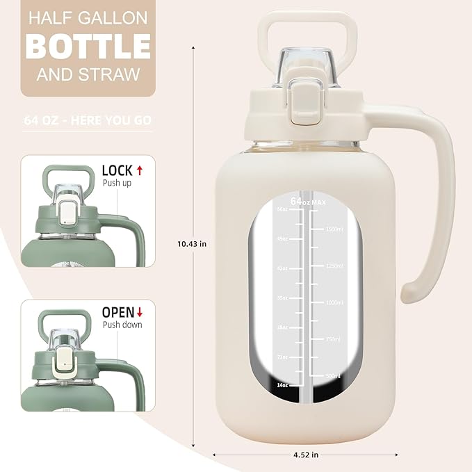 64 oz Glass Water Bolttles Half Gallon Large Motivational Water Bottle with Time Marker Sports Water Bottles with Silicone Sleeve and Handle Lid Water Jug for Gym Workout-1 Pack