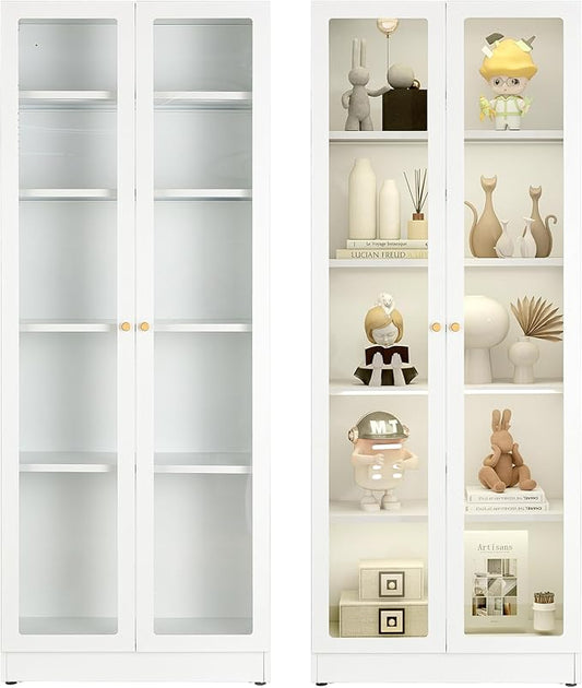 5 Tier Metal Curio Cabinets, Modern Bookshelf Cabinet with 4 Adjustable Shelves, Cabinet Display Case for Home Office, Living Room, Pantry (White-27.5W)