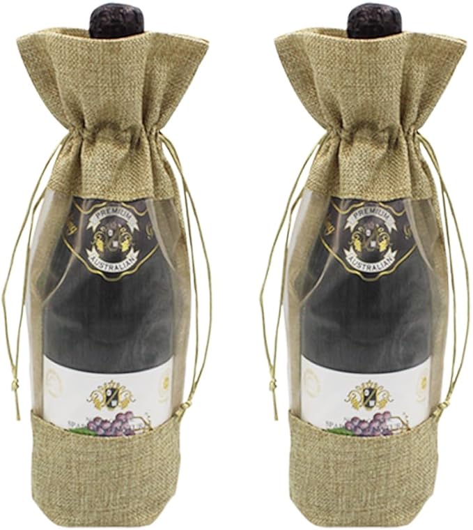 Burlap Drawstring Wine Bags, 12 Pcs Burlap Wine Bags with Sheer Window, Jute Wine Bags with Clear Window for Wedding, Party Favors, Christmas, and Holiday - Natural