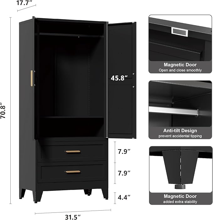 71'' Farmhouse Metal Wardrobe Cabinet with Hanging Rod, 2 Barn Door Wardrobe Closet with Adjustable Shelves,2 Drawer,for Dining Room,Bedroom,Living Room, Cloak Room,Office (Black)