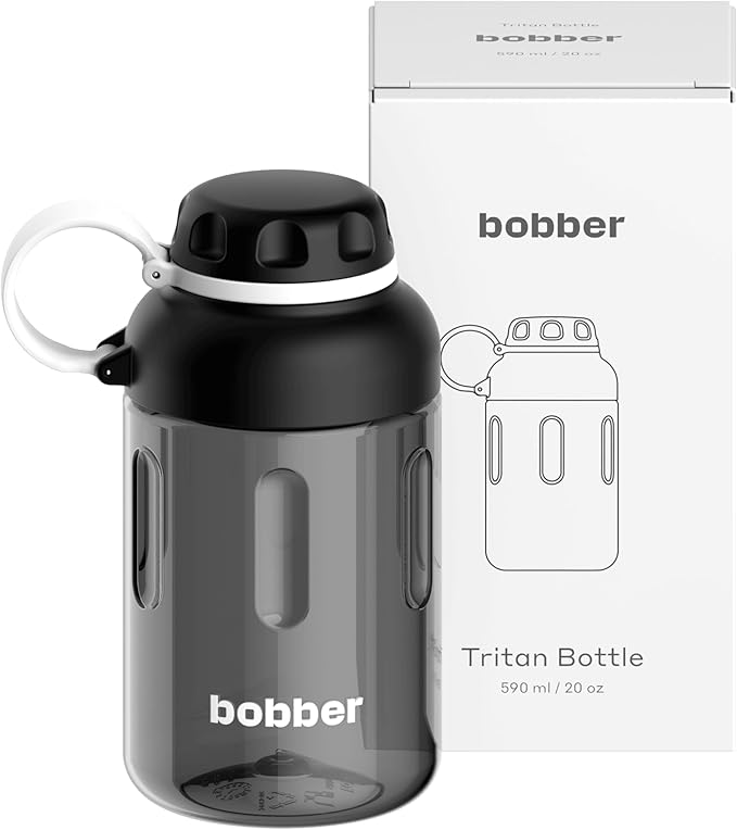 BOBBER 20 oz Tritan Water Bottle with Carry Strap & Strainer Lid — BPA Free Water Bottle for Gym — Dishwasher Safe Sturdy Water Bottle — Easy Carry Leak Proof Gym Workout Bottle for Men, Women (Black)