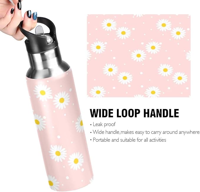 Blueangle 22oz Pink Daisy Water Bottle, BPA Free Non-Toxic Stainless Steel Water Bottle for Fitness, Gym and Outdoor Sports