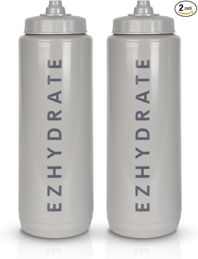 2 Pack Grey + Grey 32oz Squeeze Water Bottles - Sports Water Bottles For Football, Hockey - Reusable Squirt Bottle Set, BPA-Free, Perfect for Gym, Travel, Bike & Cycling Water Bottle