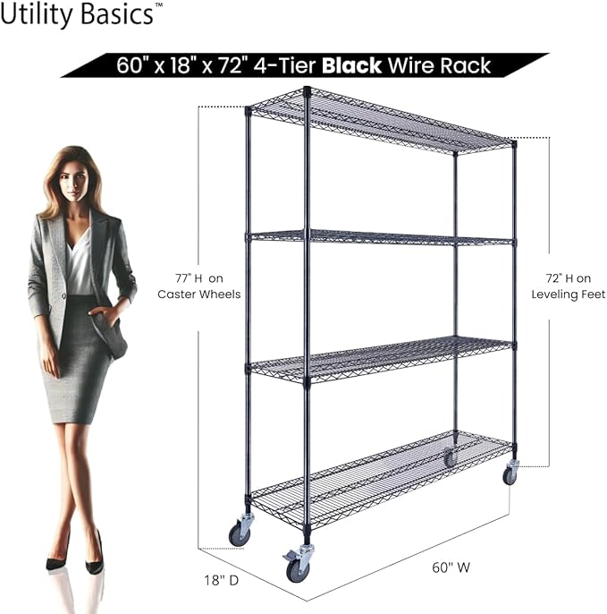60"x18"x72" Black Premium Metal Steel Wire Shelving 4-Tier NSF 3200 LBS MAX Capacity Heavy Duty Storage Rack for Garages, Commercial Spaces, Hospitals, & Schools w/Premium Wheels