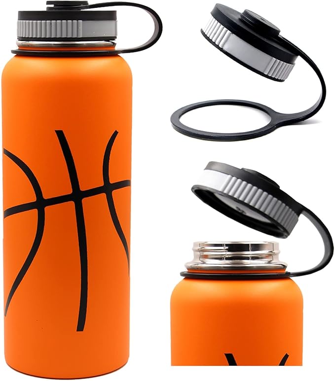 40 oz Basketball Water Bottle, Flask Sports with 2 Lids 18/8 Stainless Steel Travel Tumbler Double Wall Vacuum Insulated Hot/Cold Standard Metal Canteen (40oz, Basketball)