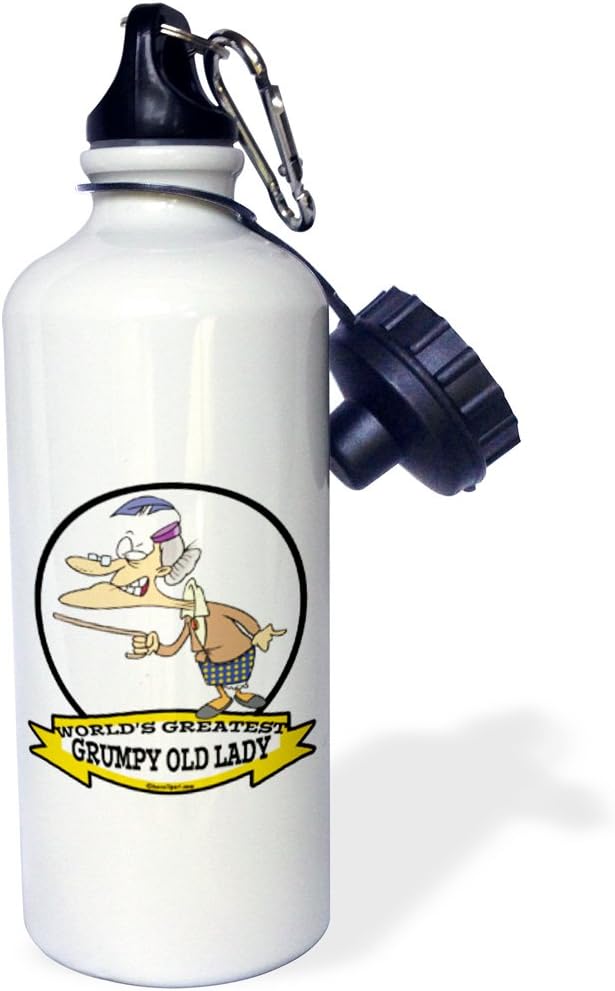 3dRose "Funny Worlds Greatest Grumpy Old Lady Cartoon" Sports Water Bottle, 21 oz, White