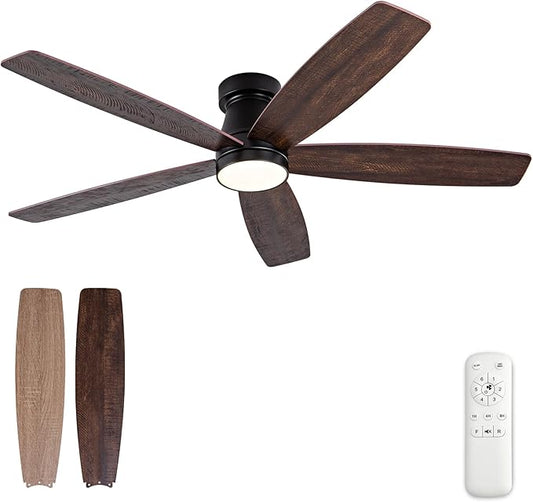 52 inch Ceiling Fans with Lights and Remote,Flush Mount Black Ceiling Fan,Memory Fuction Reversible Quiet DC Motor Low Profile Ceiling Fans For Living Room Bedroom Indoor Outdoor(Black Walnut)