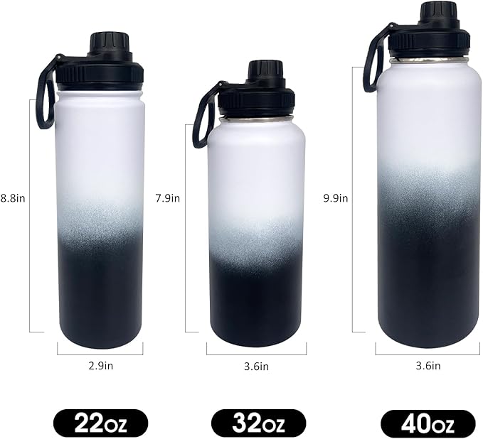 4pack 40 oz Insulated Water Bottle With Straw, Stainless Steel Sports Water Cup Flask with 2 Lids, Wide Mouth Travel Thermal Mug,Black white