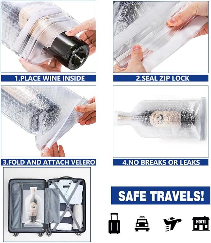 4 PCS Wine Bottle Travel Protector Bags for Airplane, Resealable Wine Sleeves Skins for Travel, Wine Carrier for Suitcase, Wine Shipping Box Packaging for Air Travel Luggage Accessories