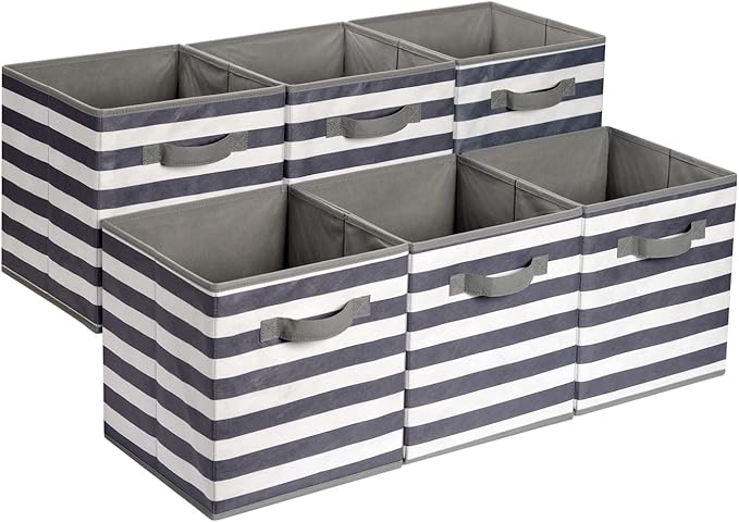 Amazon Basics Cube Organizer Storage Bins Handles, Collapsible Fabric, Pack of 6, 10.5"x10.5"x11", White/ Light Grey Stripe