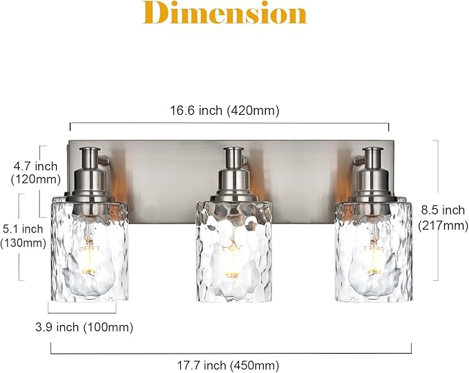 BONLICHT Bathroom Vanity Light Fixtures 3 Lights Modern Wall Sconce Brushed Nickel with Metal Base and Hammered Glass Shade, Industrial Farmhouse Bath Wall Lights for Hallway Kitchen Bedroom