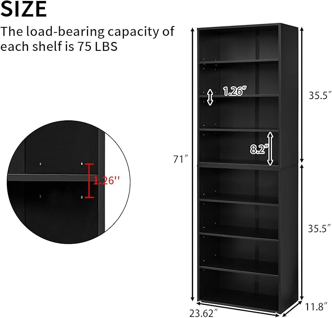71 Inch Tall 8-Shelf Bookcase, Wood Bookshelf Storage Organizer Adjustable Shelf for Home Office Living Room, Converts into Two 4-Shelf Bookshelves, Black