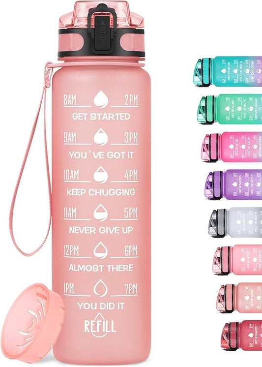 32oz Motivational Water Bottle with Time Marker & Fruit Strainer, Leak-proof BPA Free Non-Toxic 1l Bottle with Carrying Strap, Perfect for Fitness, Gym and Outdoor Sports (Rose Quartz)