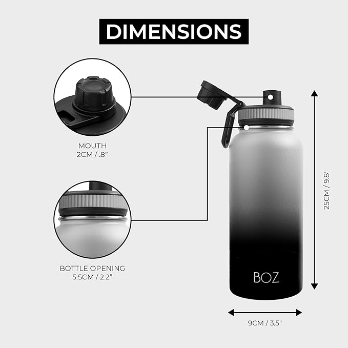 BOZ Stainless Steel Water Bottle - Vaccum Insulated Water Bottle 32 Oz - Wide Mouth BPA Free Sport Water Bottle for Gym with Spout Lid - Thermal Hot & Cold 1 Litre Gradient Black Waterbottle