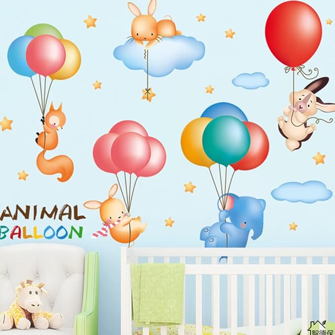 Animals with Balloons Nursery Decor Cute Jungle Animals Safari Balloons Wall Decals Bunny Elephant Fox Peel and Stick Baby Nursery Kids Bedroom Classroom Wall Decor