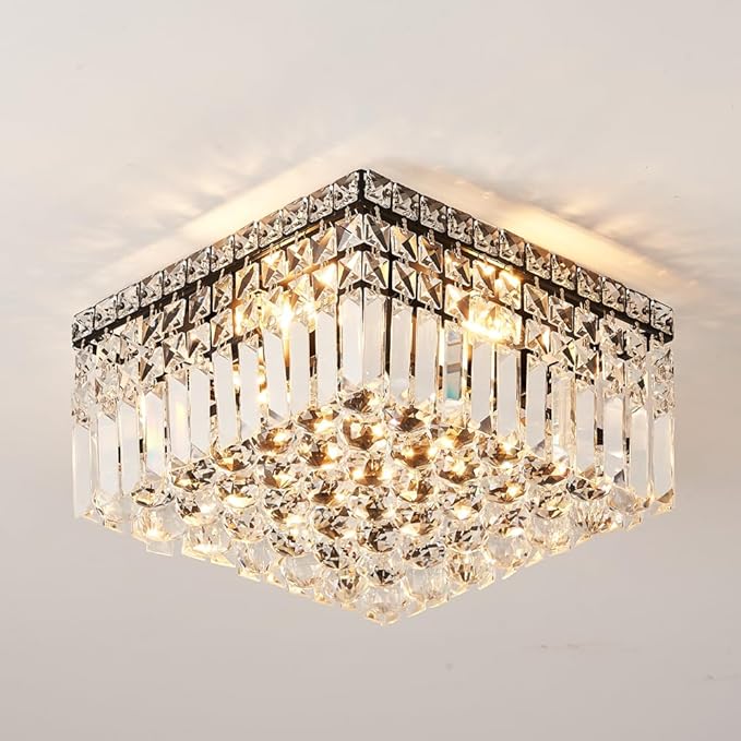 4-Light Black Crystal Chandeliers Flush Mount Chandelier Light Fixture with K9 Crystals Modern Ceiling Lights Elegant Square Lamp for Bedroom,Hallway,Bar,Living Room,Dining Room,H5.9 xW13.7